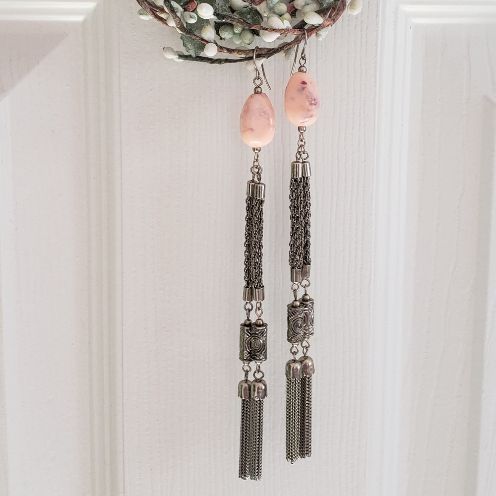 Extra, Extra Long Boho Earrings With  Ornate Stone & Chain Dangles, Peach, Hooks